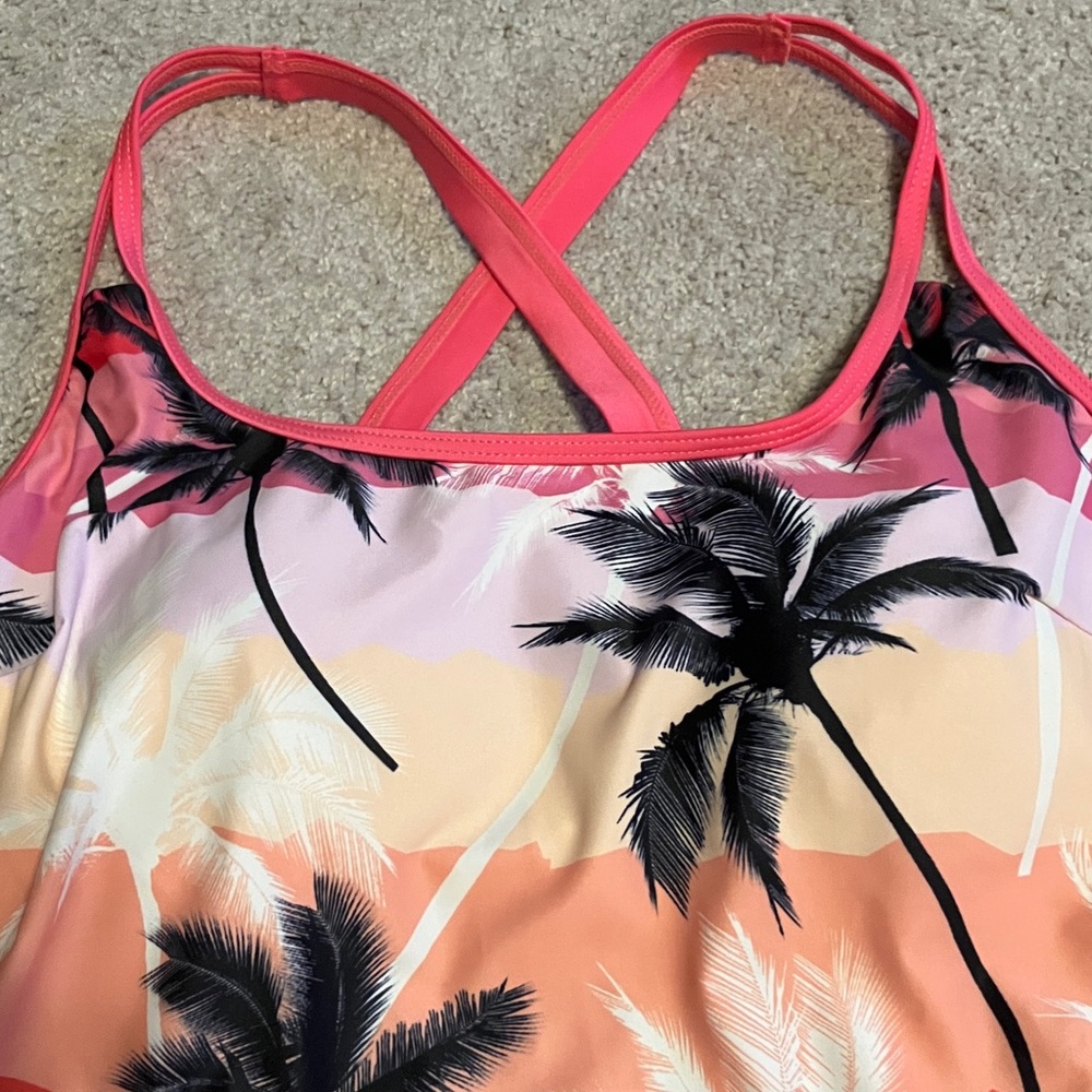 Womens Bathing Suit Top Tankini XXL Tropical Palm Trees Pink - Picture 2 of 7